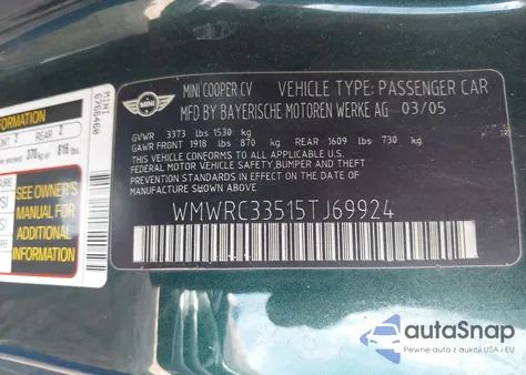 2005 Mini Cooper from USA, damaged, VIN WMWRC33515TJ69924